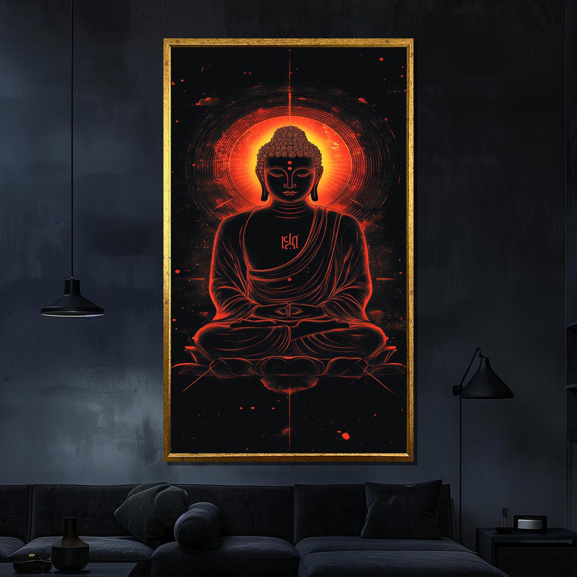 Glowing Red Neon Buddha Outline Halo Dramatic Modern Zen Art Poster