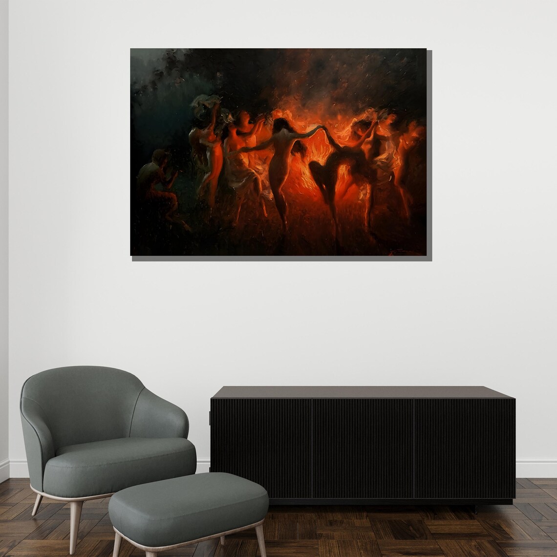 Mystical Fire Dance Painting Ethereal Women Dancing Around Bonfire Poster - Image 2