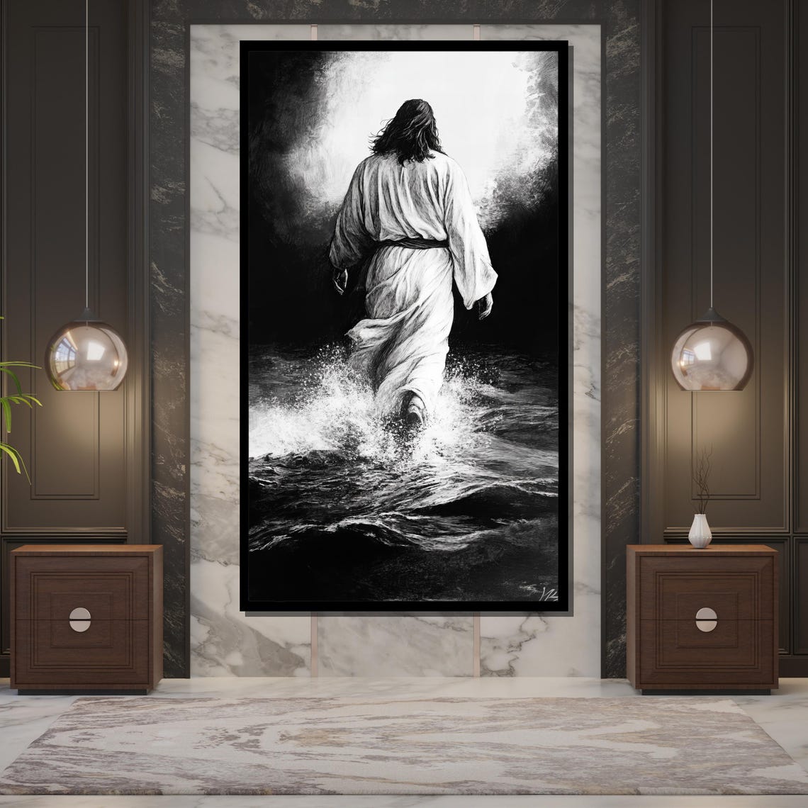 Black And White Jesus Walking On Water Under Heavenly Light Poster - Image 5