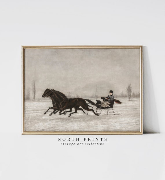 Vintage Winter Sleigh Ride Art Print, Country Christmas Decor