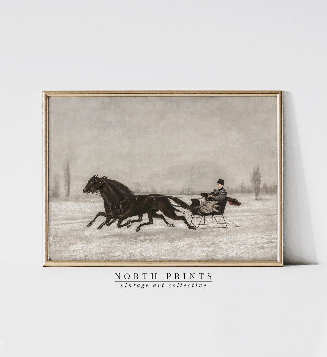 Vintage Winter Sleigh Ride Art Print, Country Christmas Decor