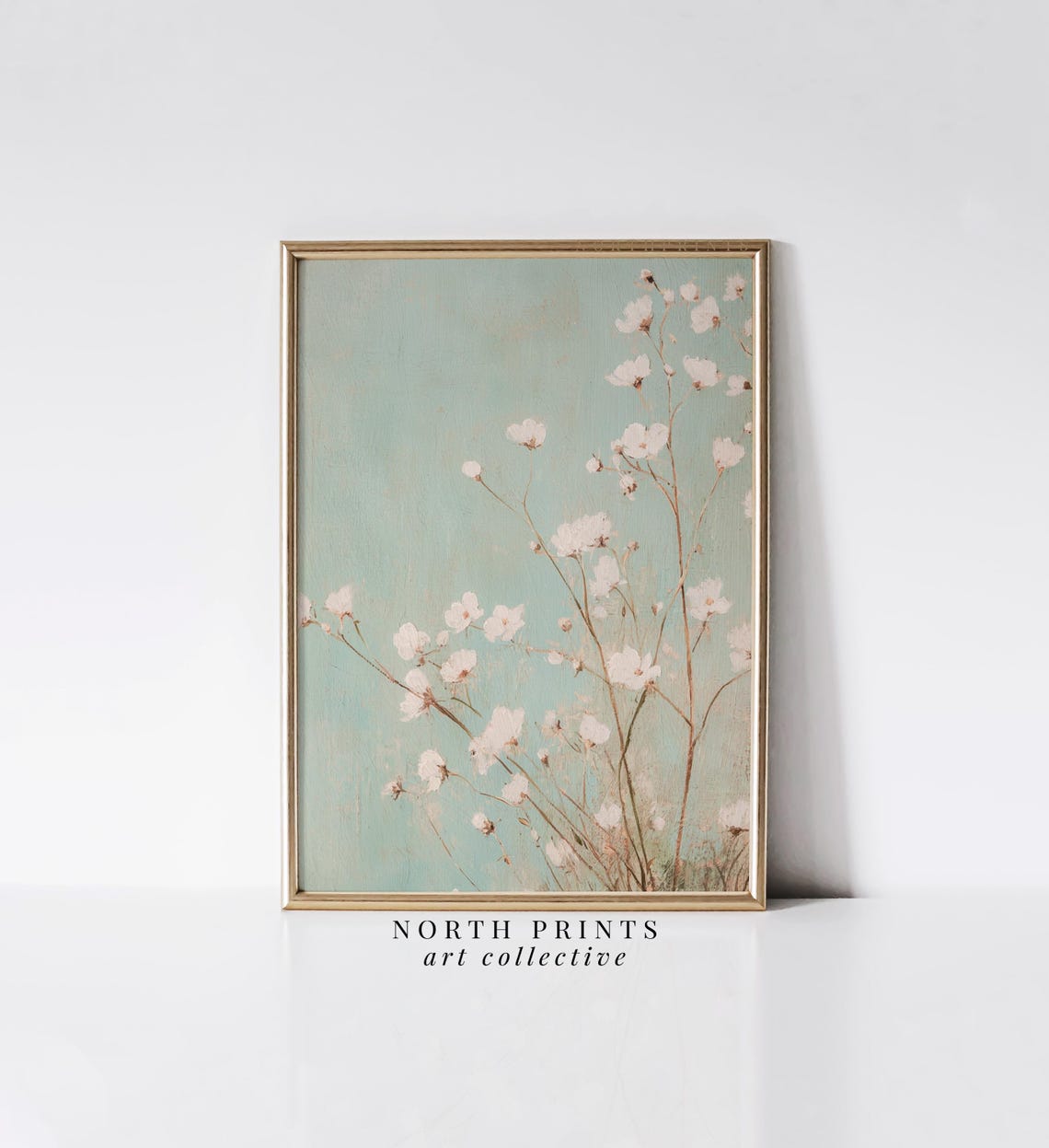 Mint Green Wildflower Painting White Blossoms Nursery Bedroom Wall Art
