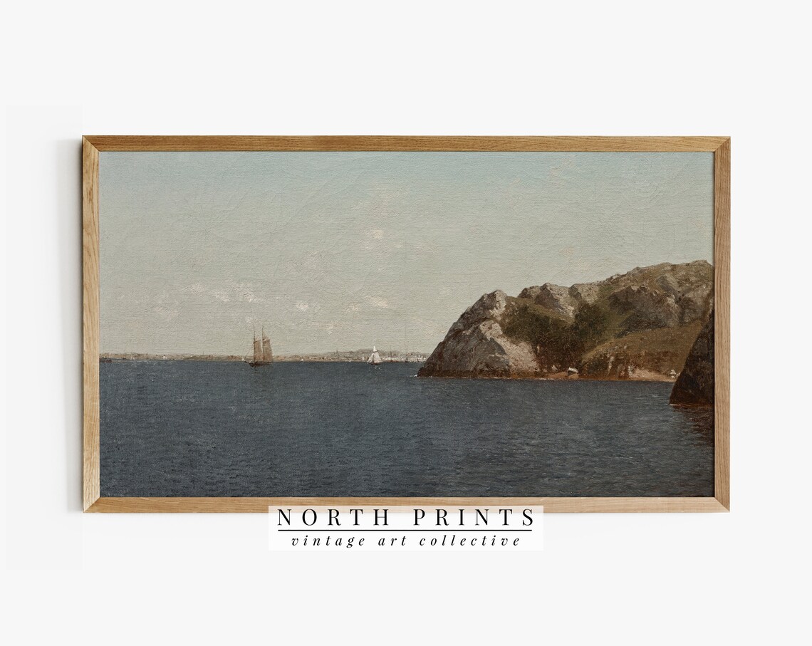 Vintage Coastal Harbor Seascape Painting, Art Print