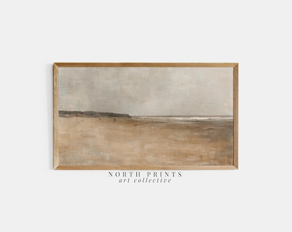 Muted Sandy Beach Distant Figures Minimal Vintage Travel Poster