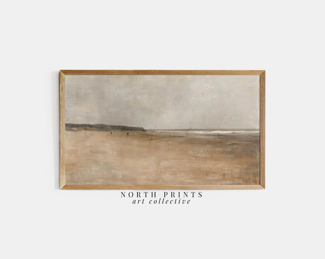 Muted Sandy Beach Distant Figures Minimal Vintage Travel Poster