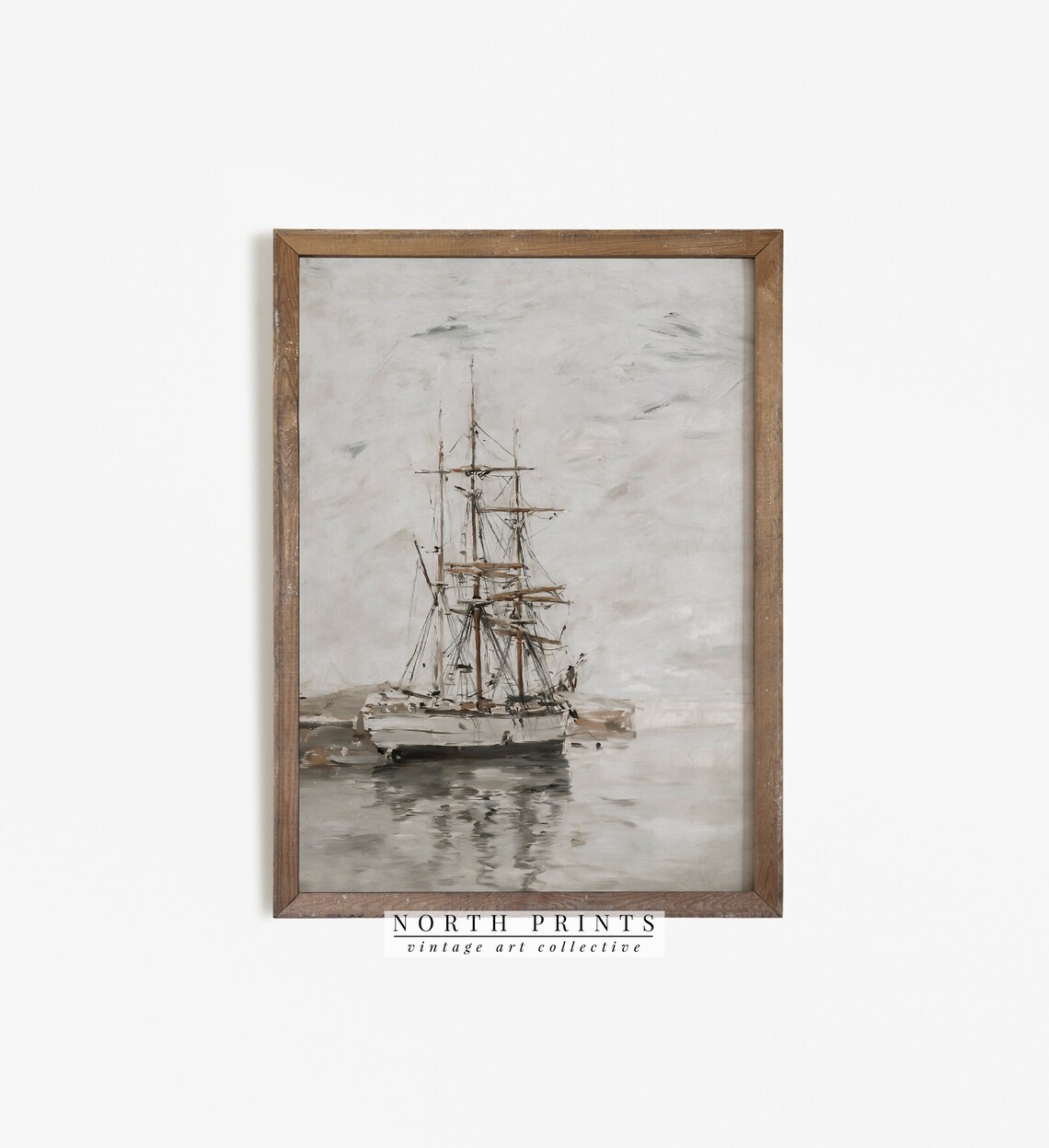 Muted Nautical Ship Oil Painting Vintage Sailboat - Image 2