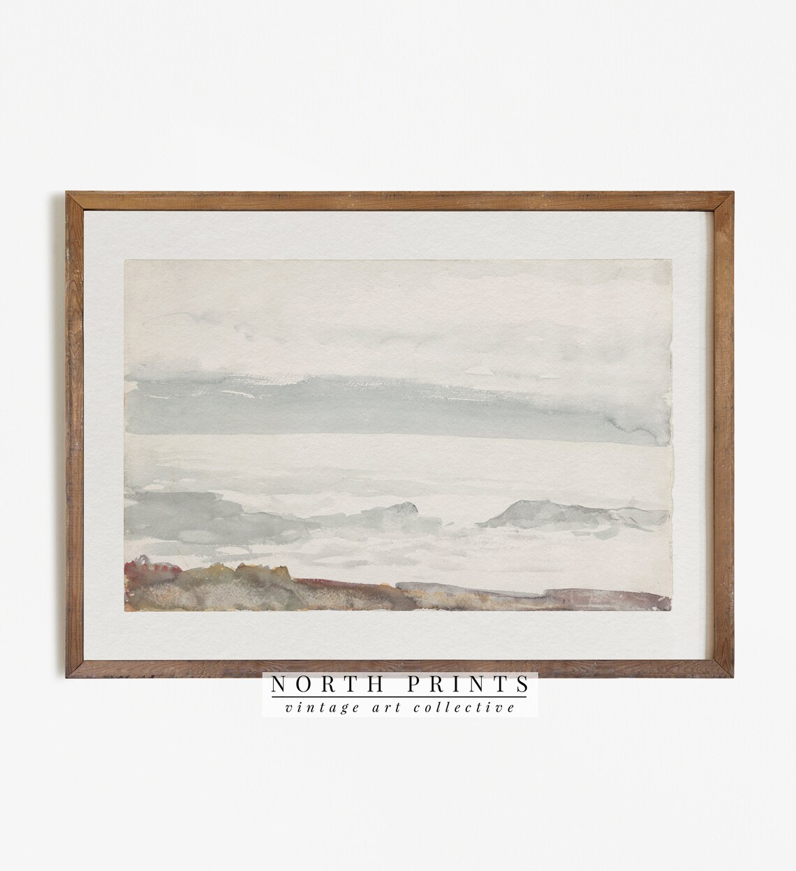 Muted Abstract Coastal Watercolor Tonal Gray Blue Shoreline Seascape Print