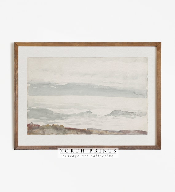 Muted Abstract Coastal Watercolor Tonal Gray Blue Shoreline Seascape Print