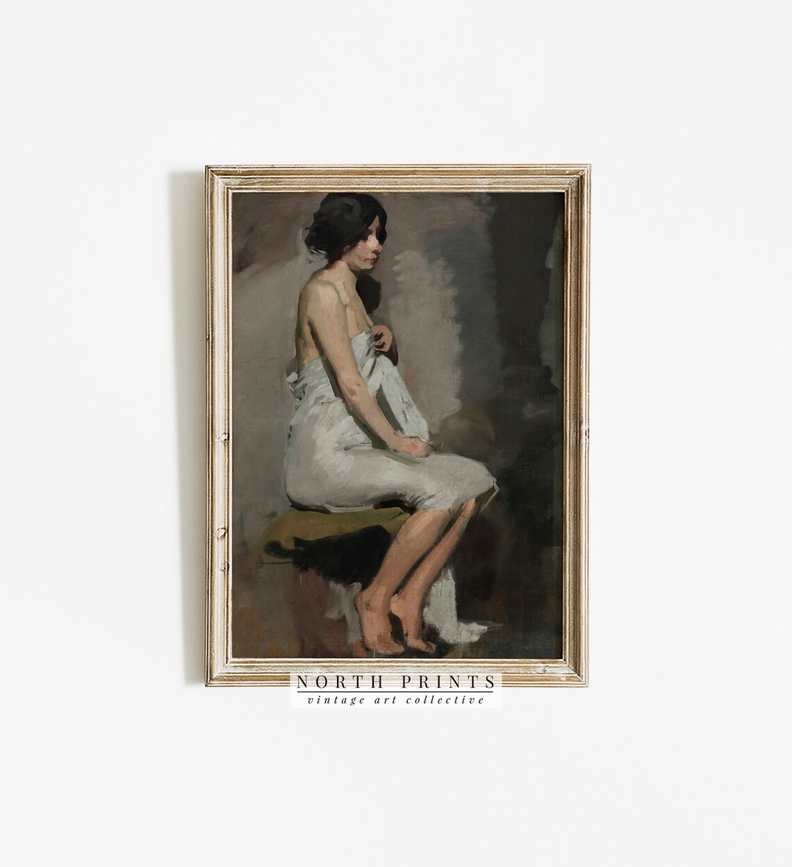 Moody Seated Woman White Drapery Vintage Oil Painting Antique Figure Print - Image 3
