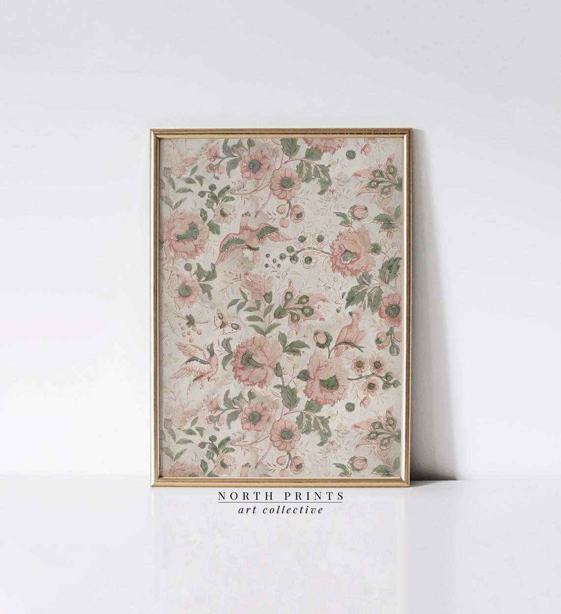 Pink Floral Chintz Pattern Birds Vintage Botanical Art Print - Image 3