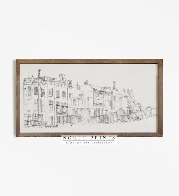 Neutral Vintage Cityscape Sketch Art Print, Minimalist