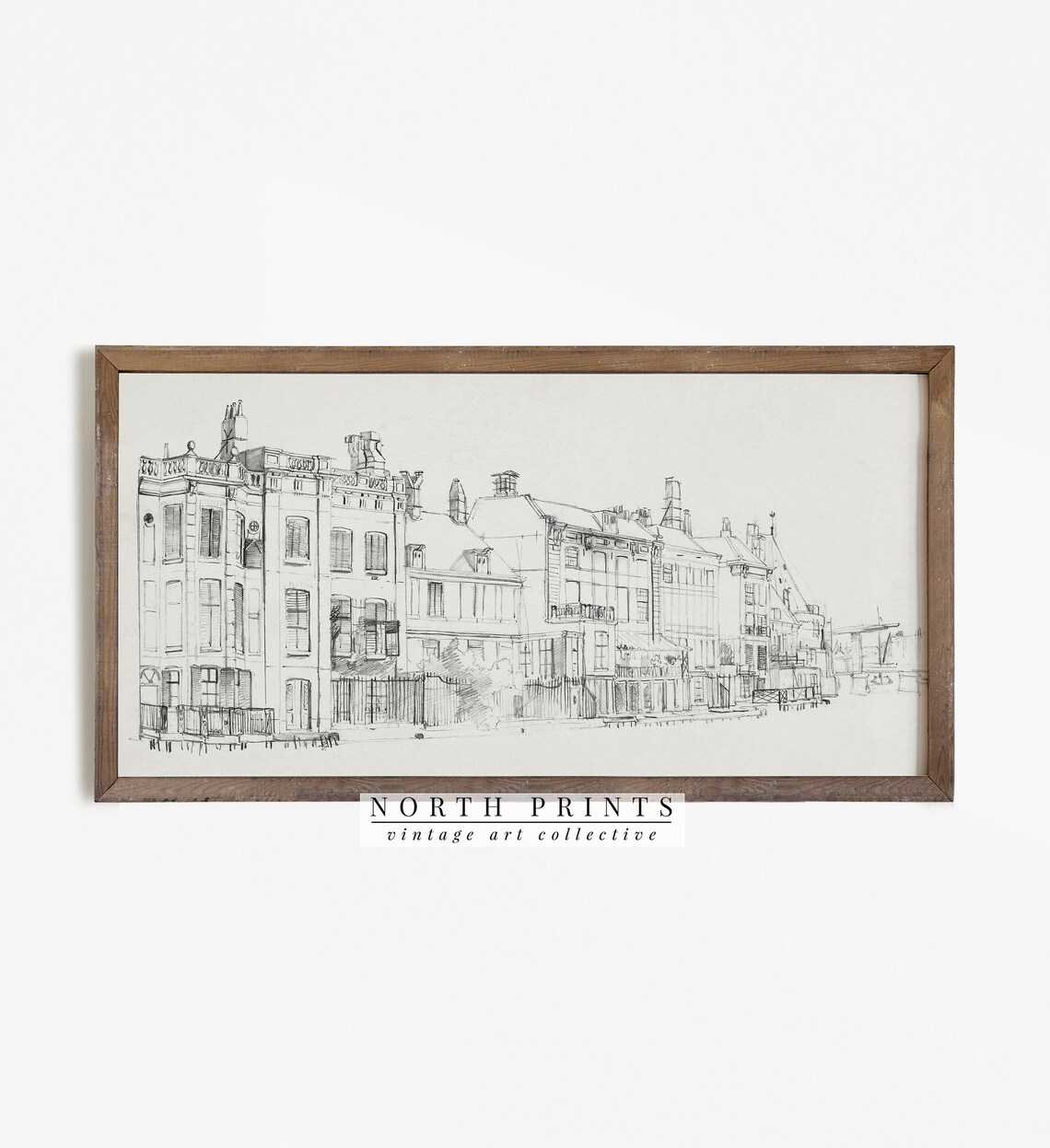 Neutral Vintage Cityscape Sketch Art Print, Minimalist