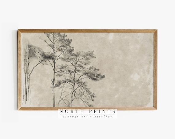 Tree Drawing Art Print, Neutral Vintage Rustic