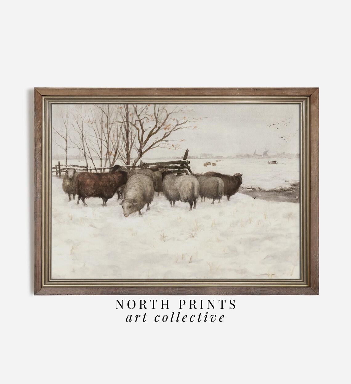 Winter Sheep Farmhouse Country Landscape Art Print
