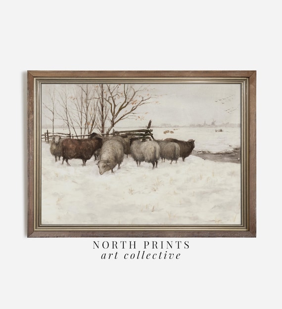 Winter Sheep Farmhouse Country Landscape Art Print