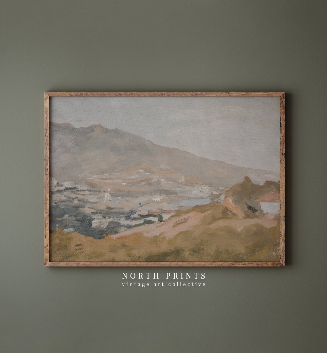 Hazy Coastal Mountains White Village Vintage Tonal Painting Poster - Image 3