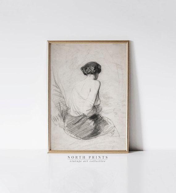 Antique Woman Sketch Art Print, Neutral Bathroom Decor