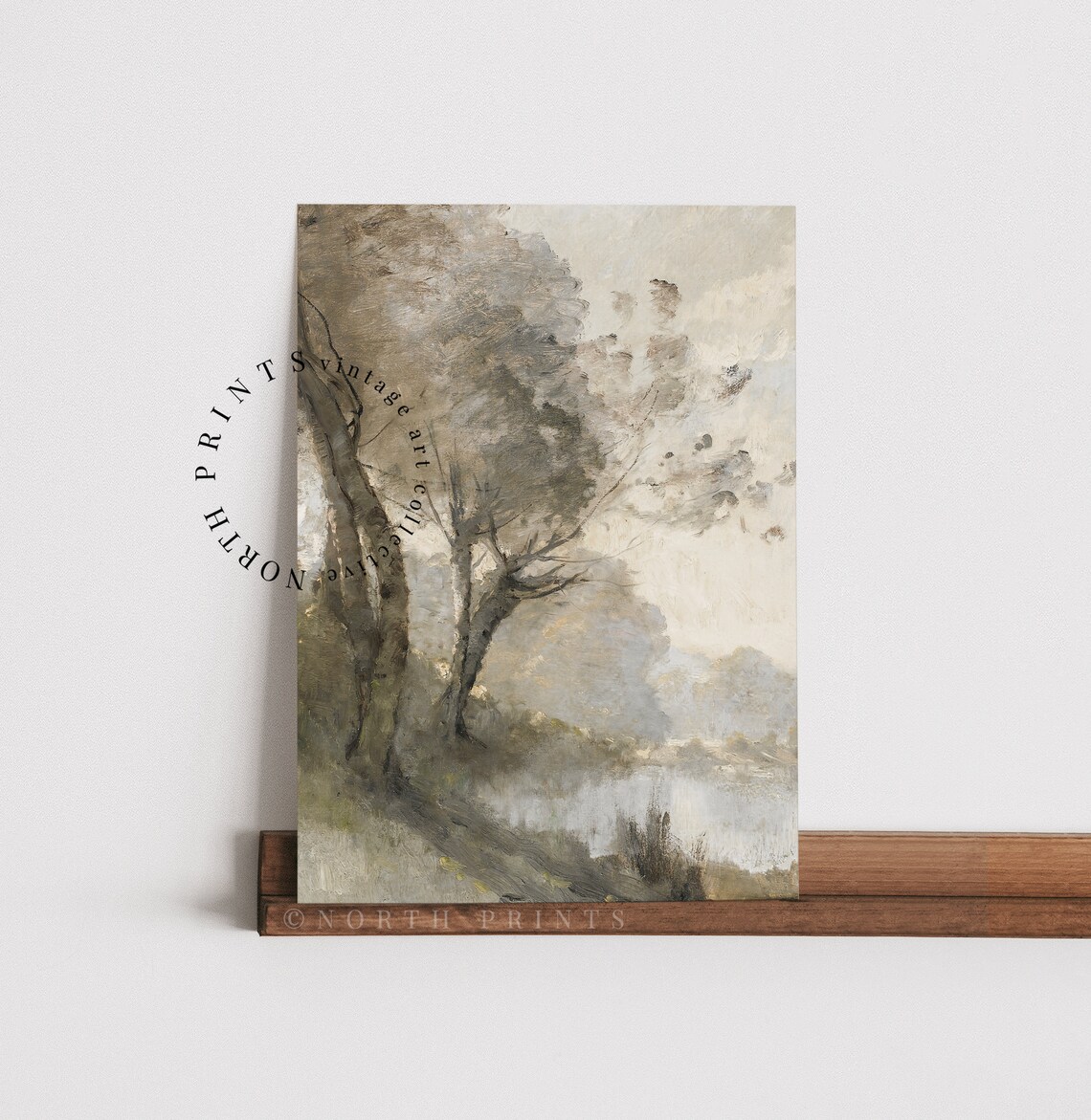 Muted River Landscape Painting Art Print, Neutral Green - Image 4