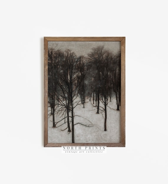 Vintage Moody Winter Forest Painting Dark Neutral Rustic Art North Prints W76