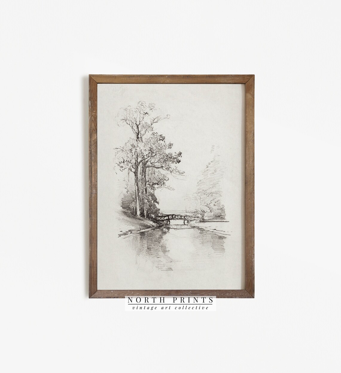 Landscape Sketch Vintage Etching, Bridge Trees Art Print