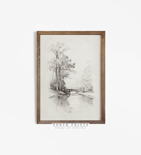 Landscape Sketch Vintage Etching, Bridge Trees Art Print