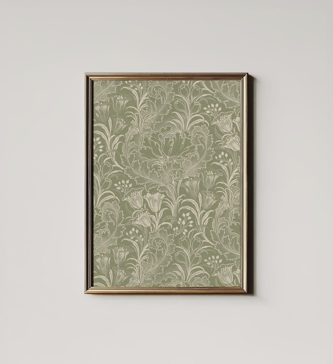 Sage Green Tulip Floral Damask Pattern Vintage Botanical Wall Print