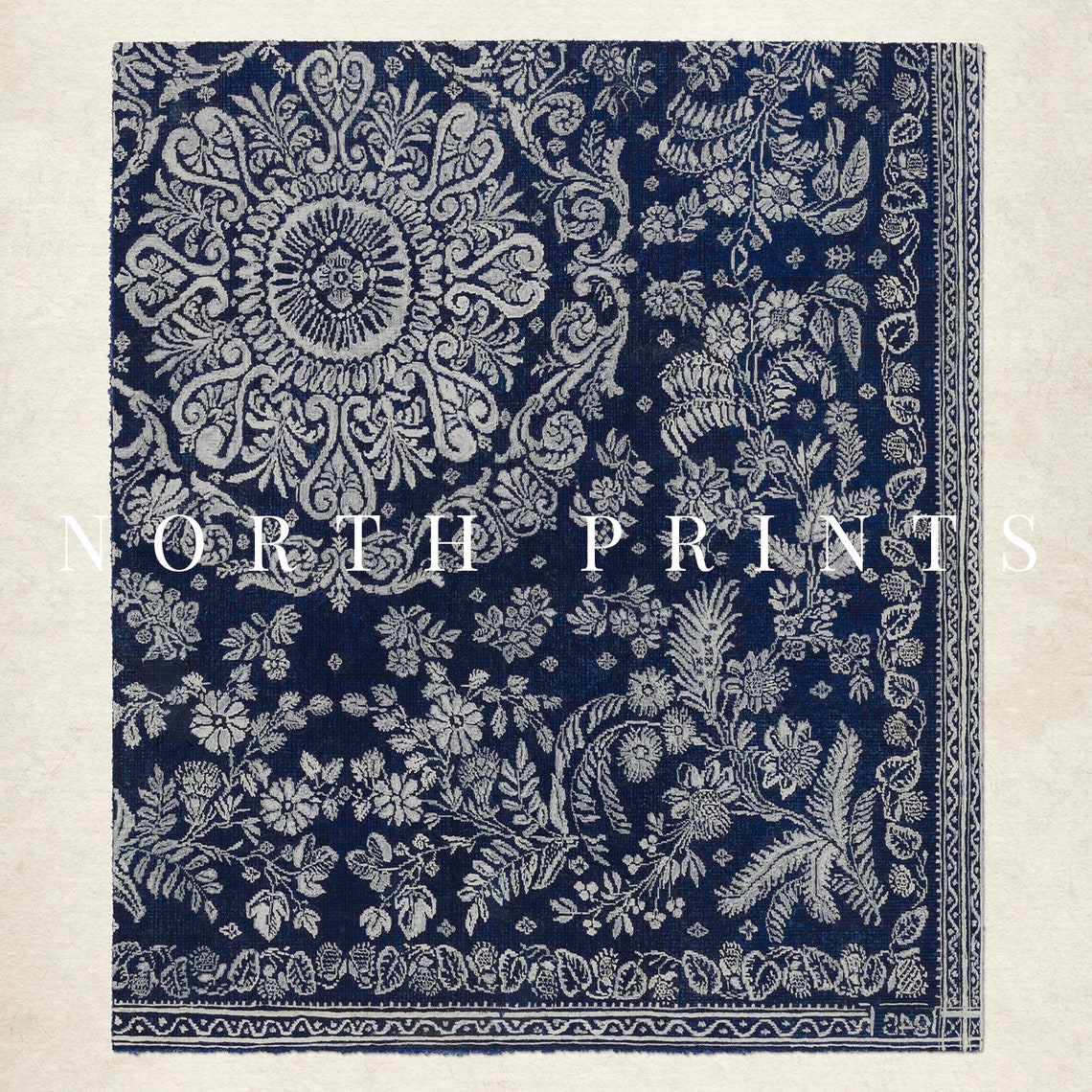 Vintage Dark Blue Tapestry Art White Floral Medallion Pattern Poster - Image 3