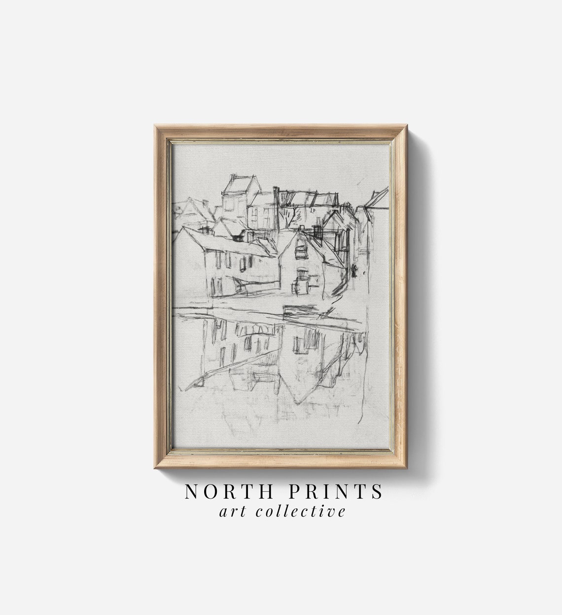 Antique French Old Town Pencil Sketch Water Reflection Poster