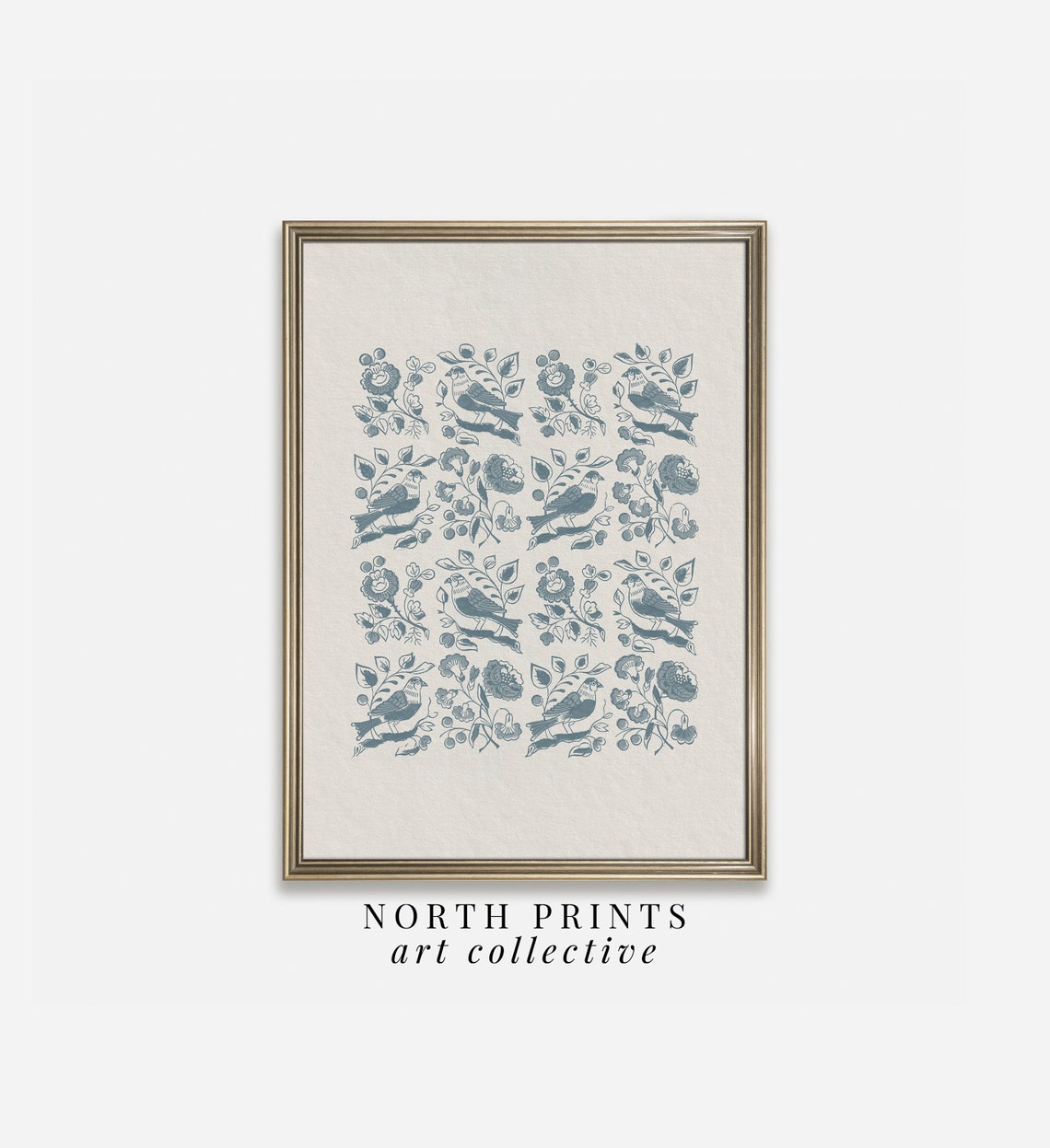 Dusty Blue Bird Floral Block Print Pattern Folk Nursery Kids Wall Art