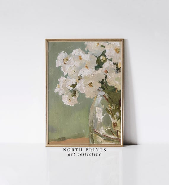 White Flower Still Life, Soft Green Wall Decor