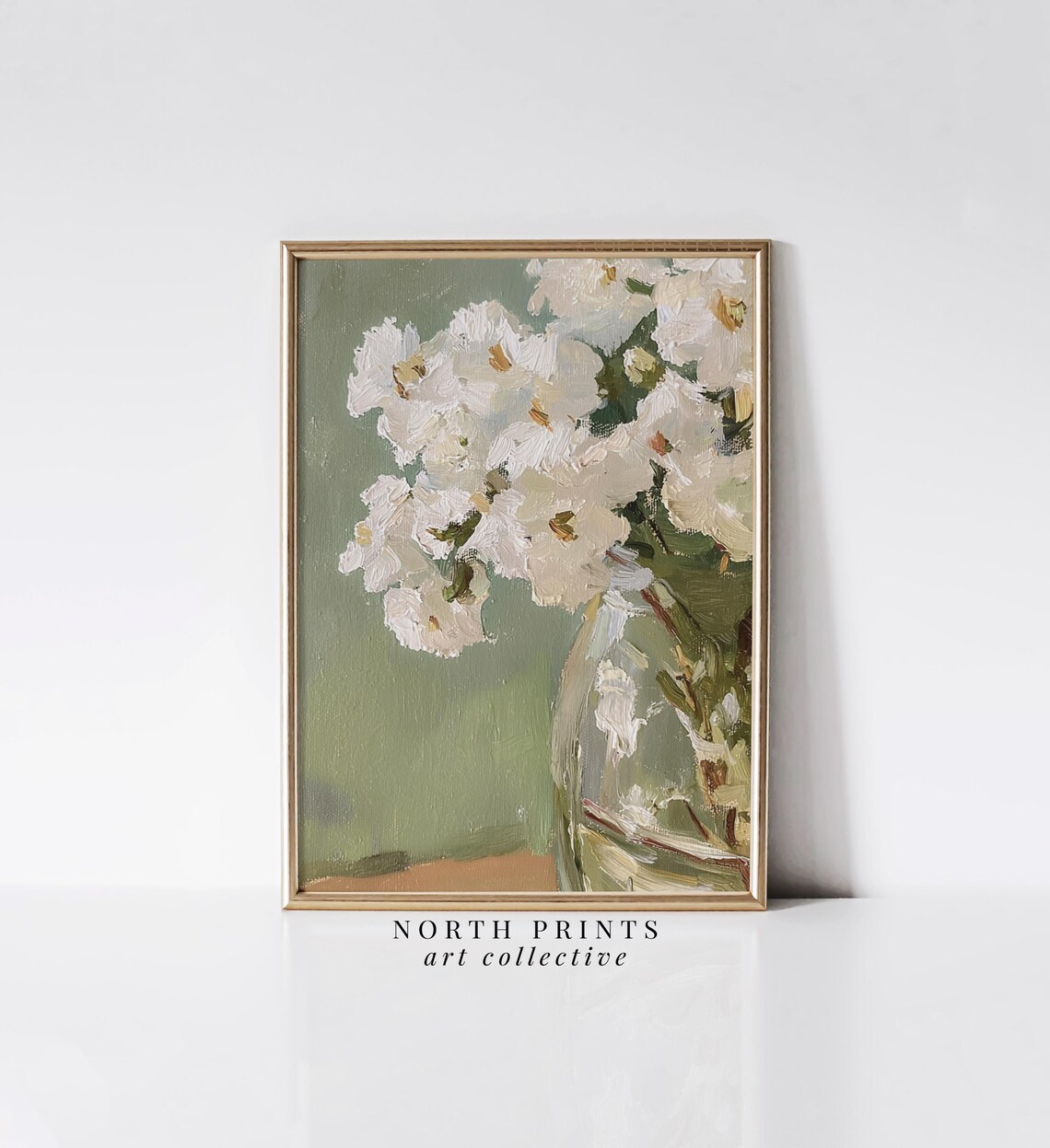 White Flower Still Life, Soft Green Wall Decor