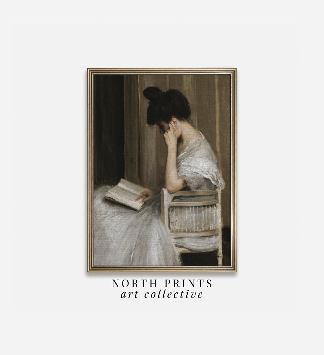 Vintage Woman Reading Book Oil Portrait Library Quiet Interior Art Print - Image 4