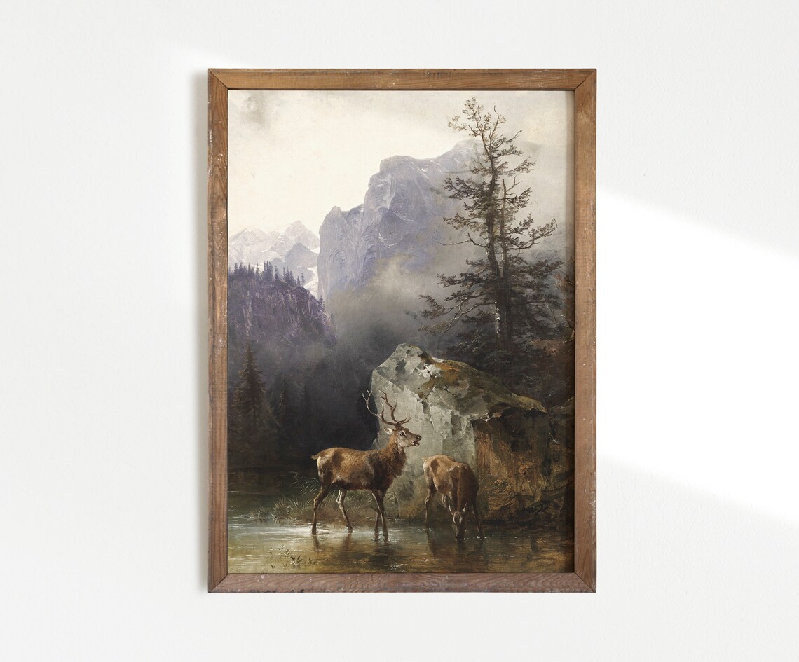 Rustic Deer Painting Vintage Landscape Art Print - Image 2