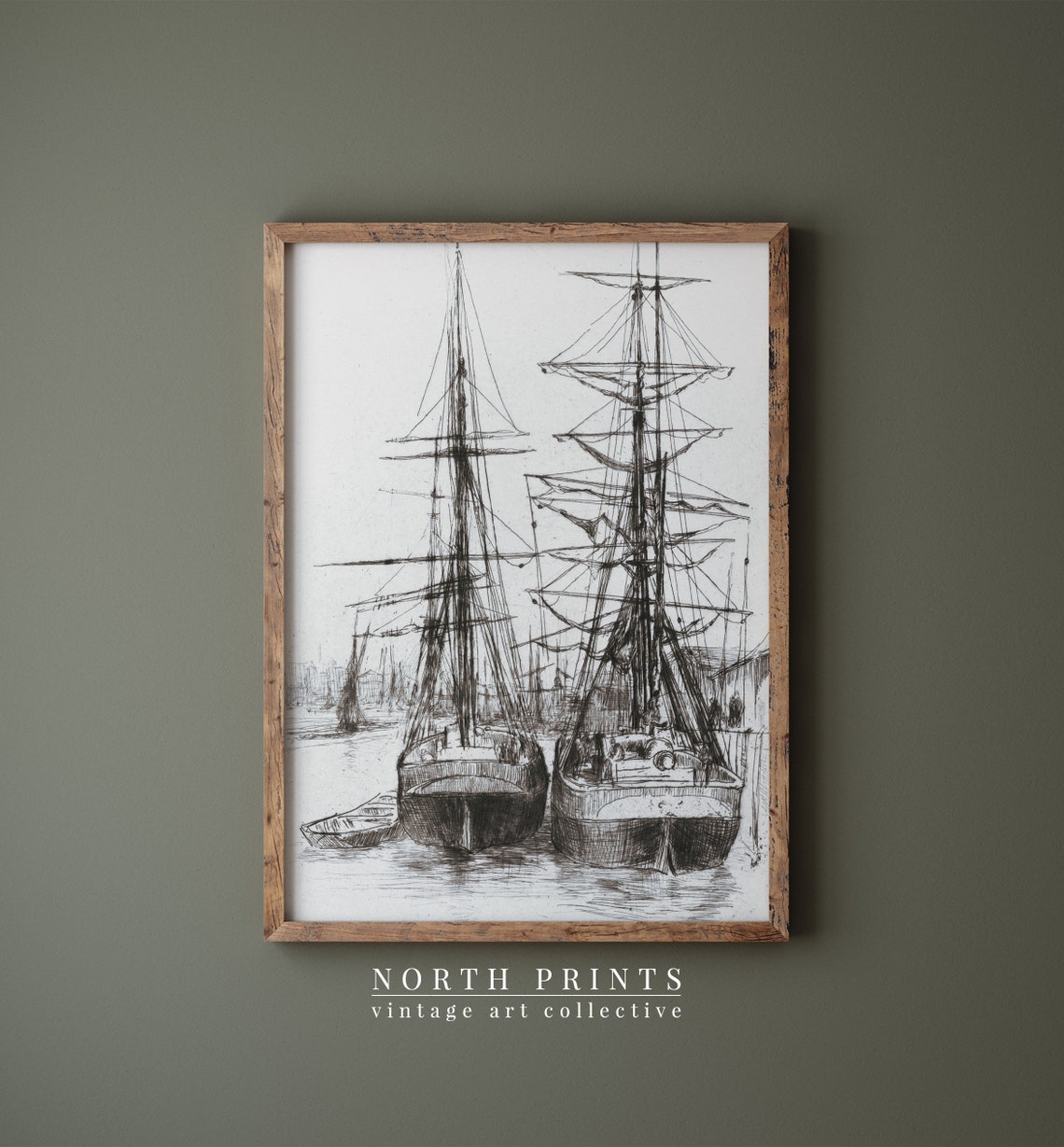 Tall Ships Harbor Antique Nautical Pen Sketch Drawing Wall Art - Image 4