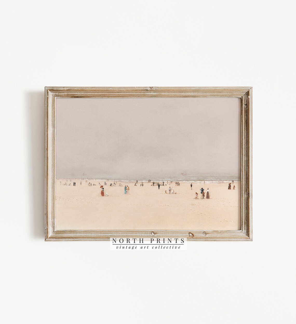 Wide Sandy Beach Tiny Strolling Figures Vintage Coastal Painting Poster - Image 3