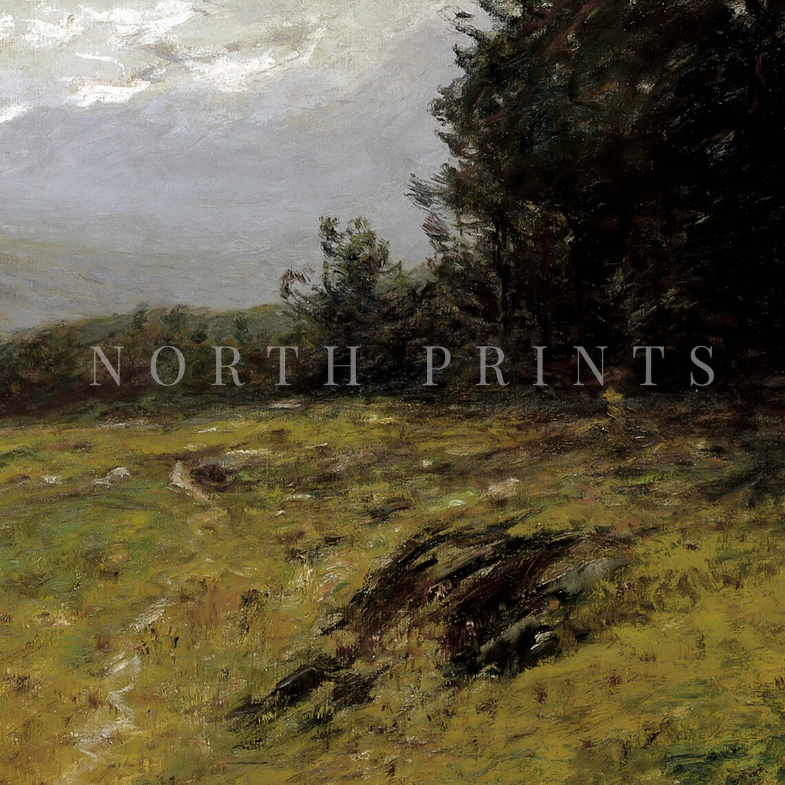 Moody Green Valley Cloudy Sky Vintage Landscape Painting Poster - Image 4