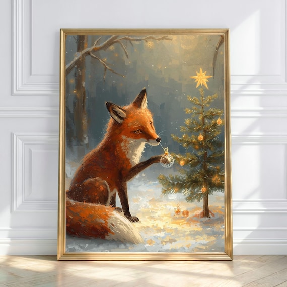 Curious Red Fox With Christmas Tree In Snowy Night Forest Scene Print
