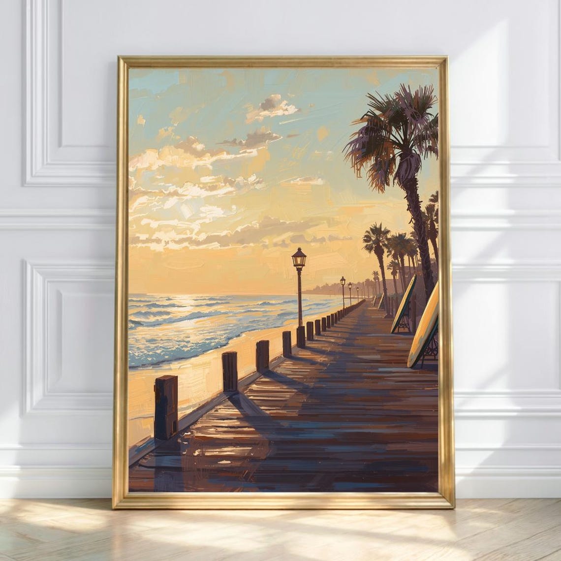 Beach Boardwalk At Sunset With Palms And Surfboards Art Print