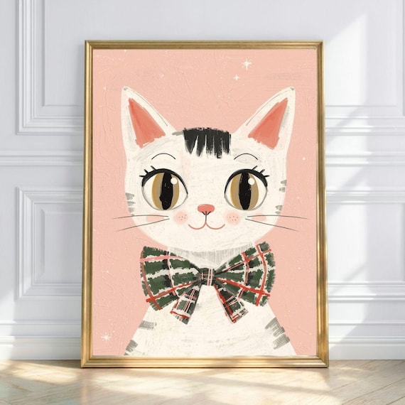 Sweet White Kitty in Festive Plaid Bow Tie Pink Nursery Poster