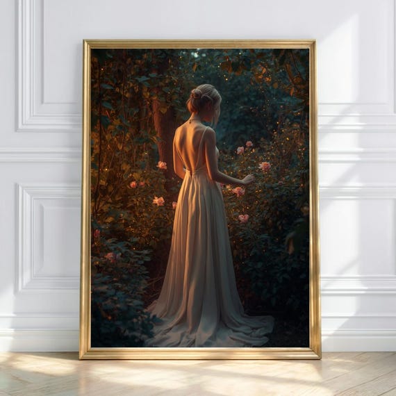 Fantasy Woman In Garden Art Print Ethereal Golden Light