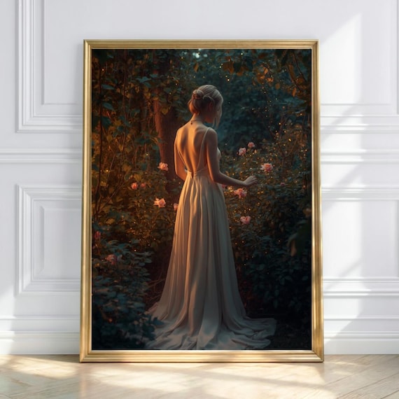 Woman in Champagne Gown Walking Rose Garden Dusk Light Poster
