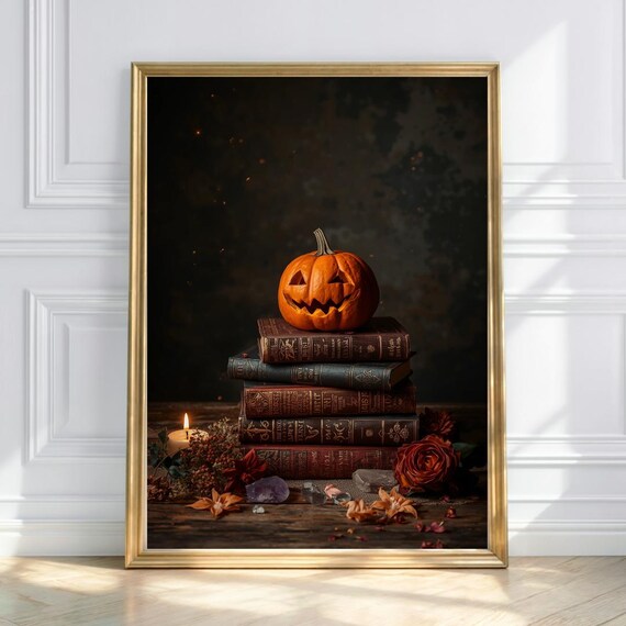 Vintage Halloween Jack O Lantern Print Gothic Pumpkin Books
