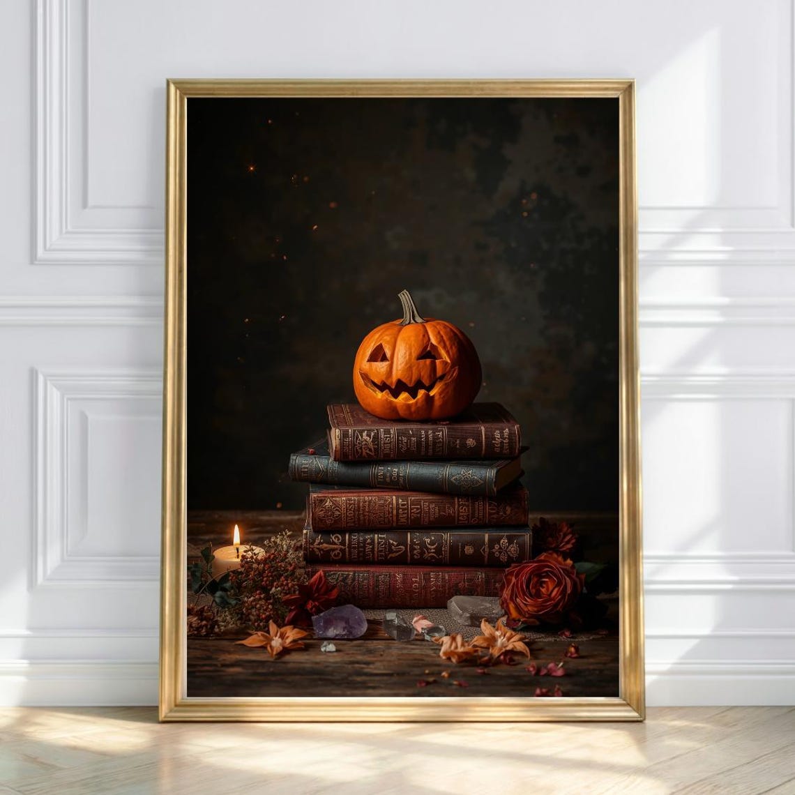 Jack O Lantern Pumpkin On Stack Of Antique Books Fall Art Print