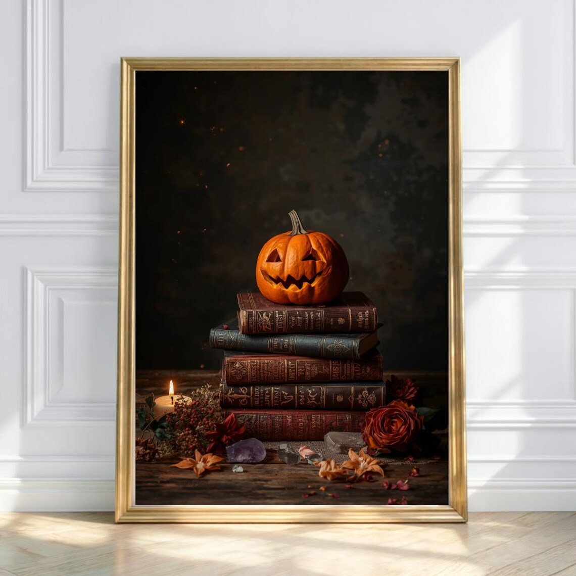 Vintage Halloween Jack O Lantern Print Gothic Pumpkin Books