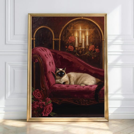 Gothic Siamese Cat Art Print Vintage Glam Decor