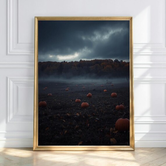 Nightfall Harvest Misty Pumpkin Field Dark Autumn Wall Art