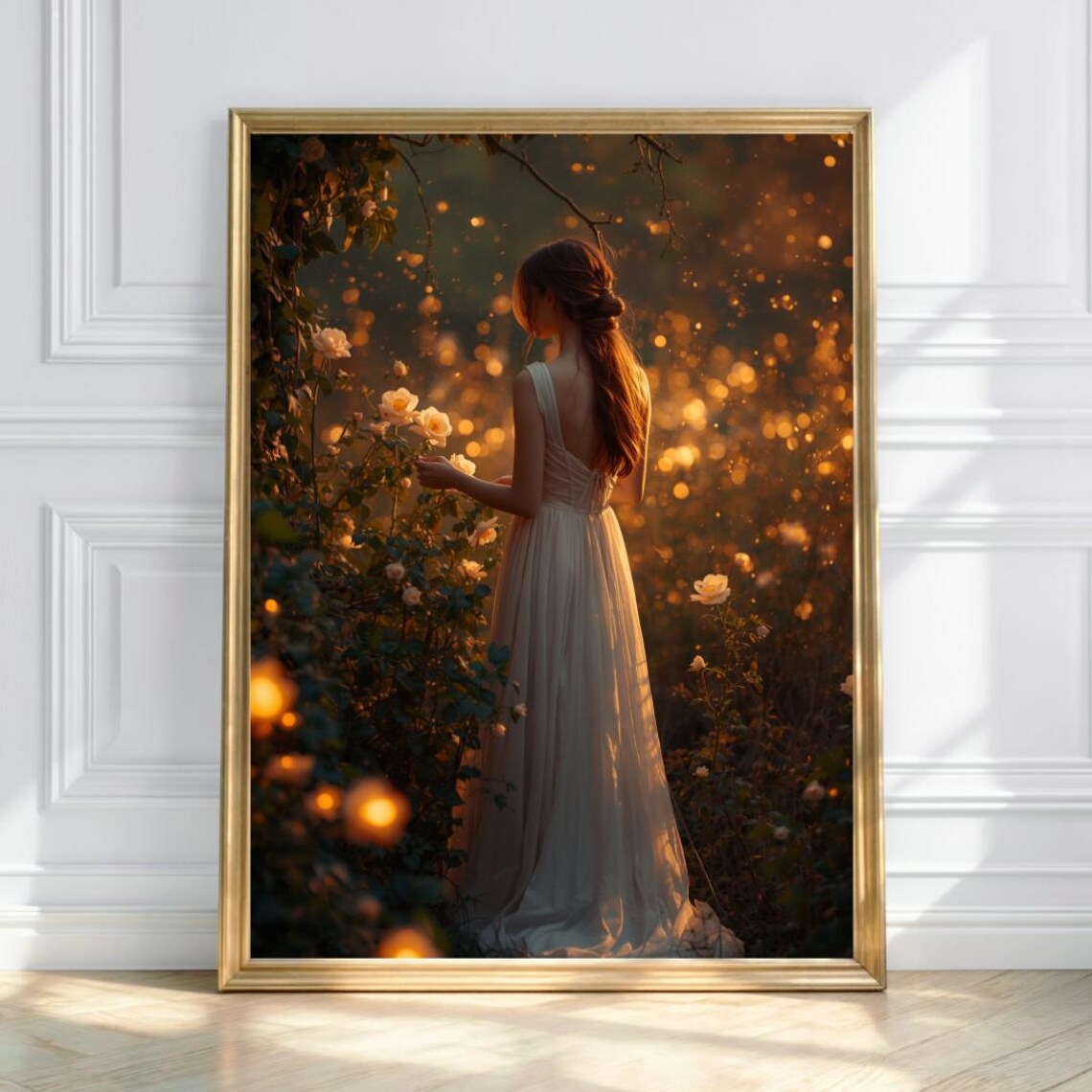 Dreamy Woman in White Dress Among Roses Golden Garden Light Poster