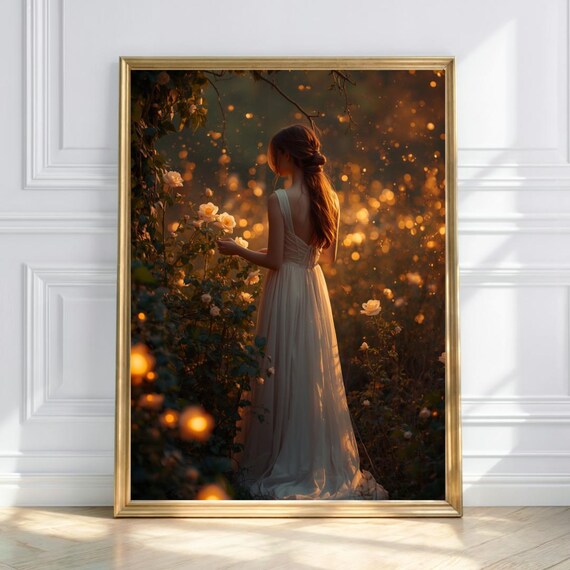 Dreamy Woman in White Dress Among Roses Golden Garden Light Poster