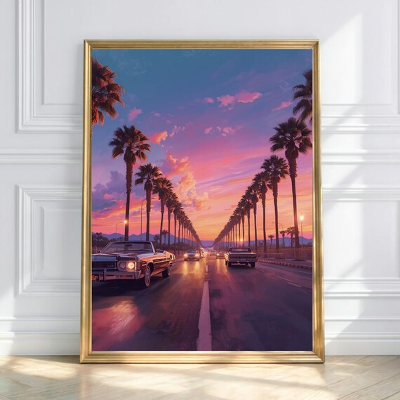 Retro Palm Boulevard Classic Cars Pink Sunset Coastal Poster