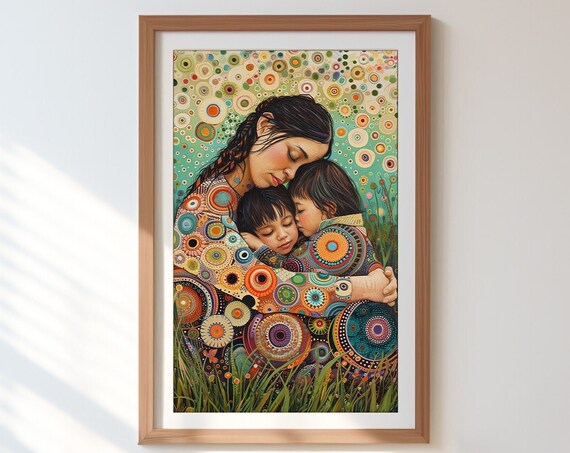 Mother Embracing Two Children Colorful Folk Art Maternal Love Print